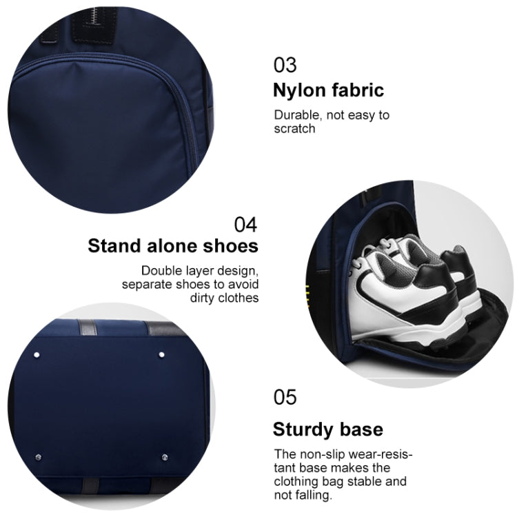 Navy nylon duffel bag detail with nylon fabric and shoe compartment