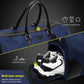 Navy and black nylon duffel bag with shoe compartment view and double-zip opening