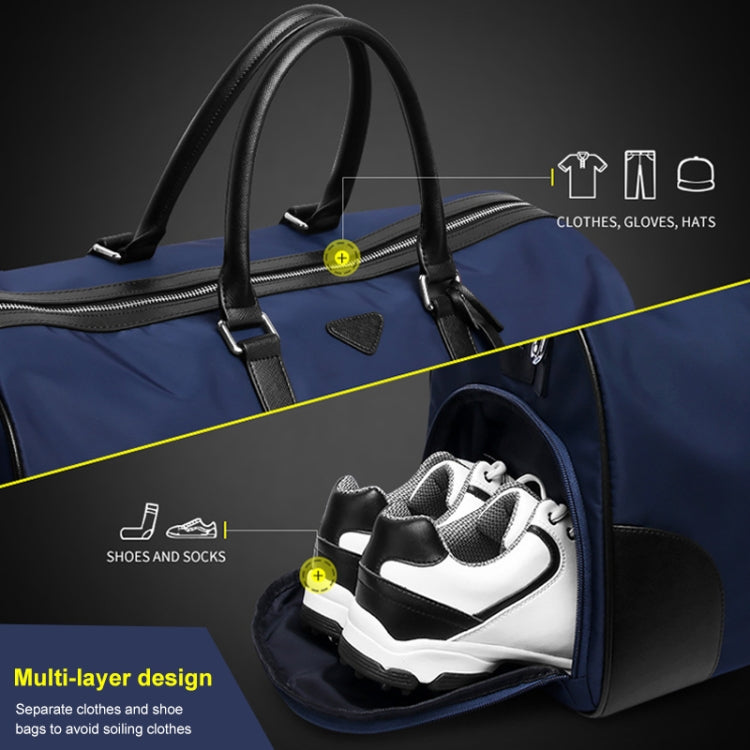 Navy and black nylon duffel bag with shoe compartment view and double-zip opening