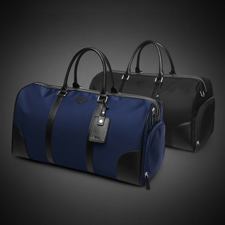Navy and black nylon duffel bags, one blue and one black, with handles and tag
