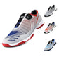 Men's golf sneakers, white with blue and red accents, black dial buckle, red traction sole