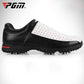 Men's golf sneaker side profile, black upper with white toe panel and red dot details