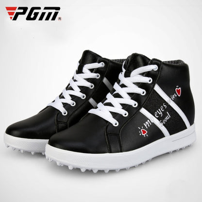 Black high-top golf sneakers with white laces and logo graphics; white studded outsole