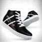 Black high-top golf sneakers with white stripe and heart-eye embroidery; studded sole