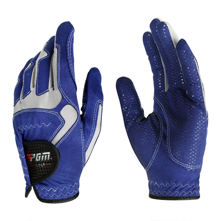 Pair of blue left and right golf gloves with textured anti-slip palm and stitched grip