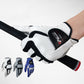 White golf glove worn on hand with black anti-slip palm patch and elastic wrist