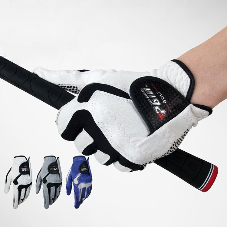 White golf glove worn on hand with black anti-slip palm patch and elastic wrist
