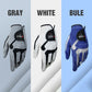 Assorted golf gloves shown in gray, white, and blue with anti-slip palm patch