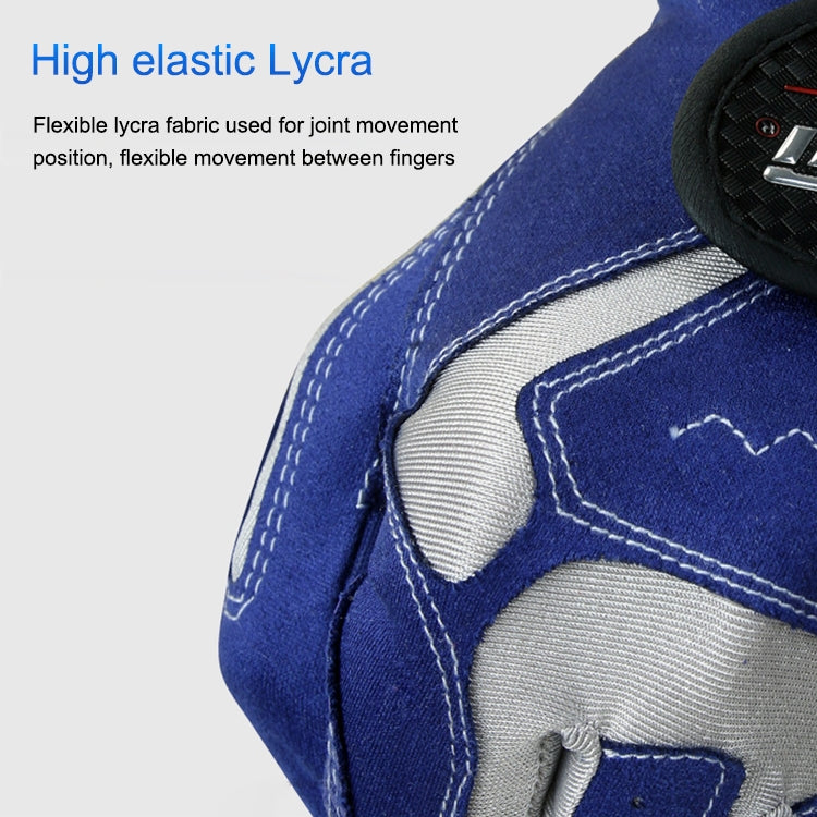 Blue and gray golf glove with flexible Lycra panel and stitched finger seams