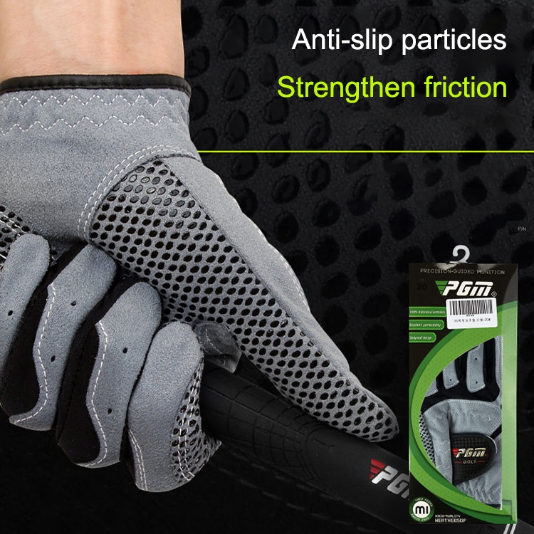 Gray golf glove with textured palm dots and anti-slip grip on hand