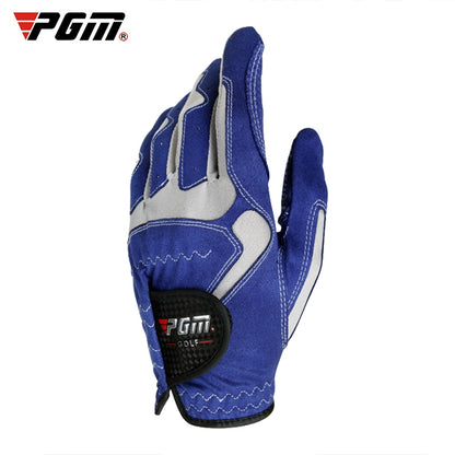 Blue and gray left-hand microfiber golf glove with anti-slip palm and elastic cuff