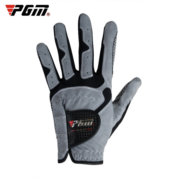 Gray left-hand golf glove with textured anti-slip palm patch and separate finger grip pads