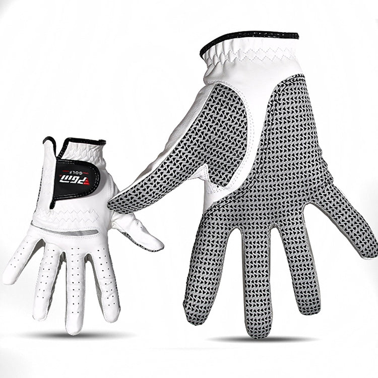 White sheepskin golf gloves with textured anti-slip palm and black wrist trim