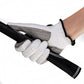 White sheepskin golf glove on hand gripping a black golf club handle