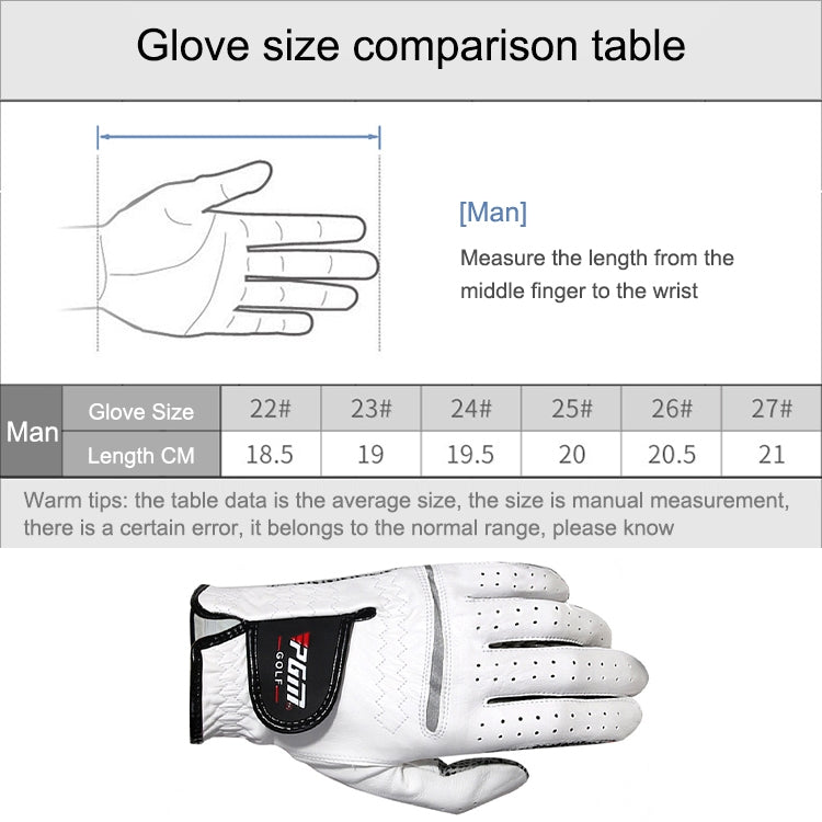 Men's golf glove size comparison chart with measurements by length