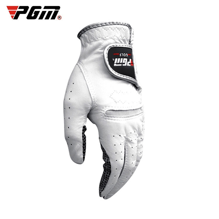 White golf glove with anti-slip palm texture and stitched finger seams