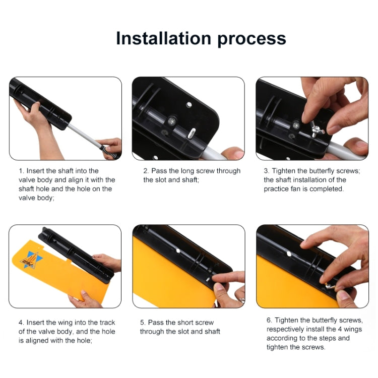 Orange wind swing trainer installation steps with hands fitting black housing