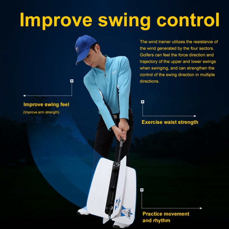 White golf wind swing trainer held during swing practice with black resistance unit