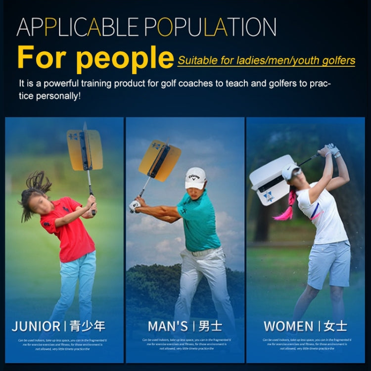 Golf warm-up wind swing fan resistance training aid, shown with handheld fan device