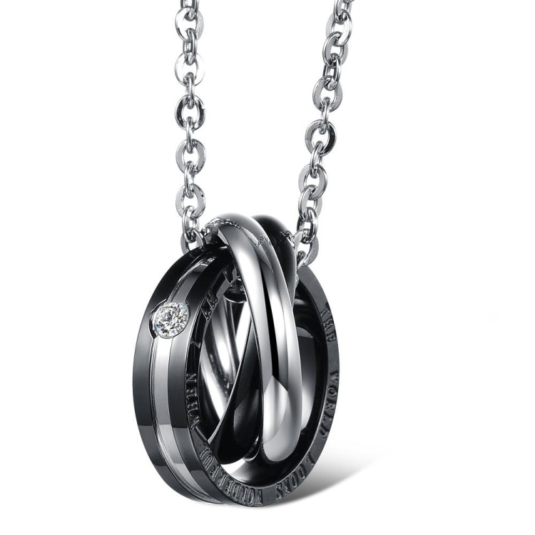 Black interlocking ring pendant necklace with clear crystal accents and silver chain