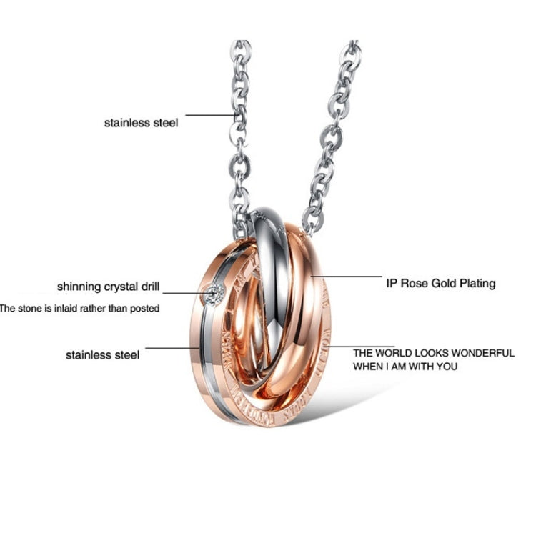 Rose gold plated interlocking ring pendant necklace with clear crystal and silver chain