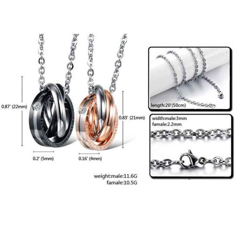 Couple necklace set with two interlocking ring pendants, clear crystals, and chain links