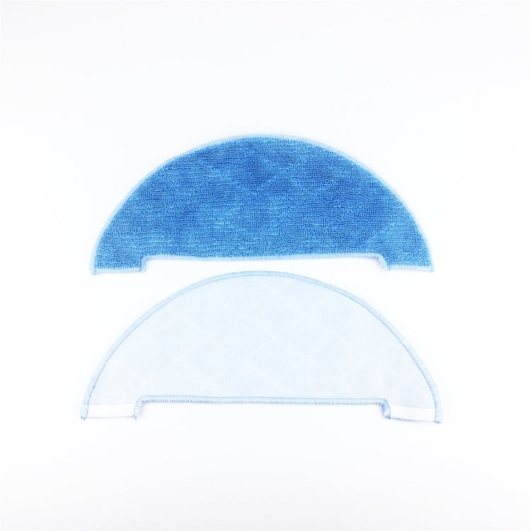 Robot vacuum microfiber mop pad cover with blue top and white backing, semicircle