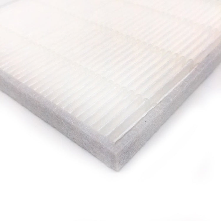 Vacuum cleaner filter mesh edge with white ribs and gray border, rectangular