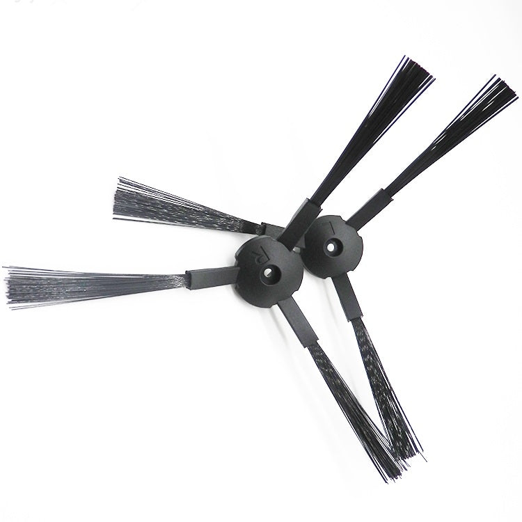 Robot vacuum side brush assembly with three black bristle arms and round mounts