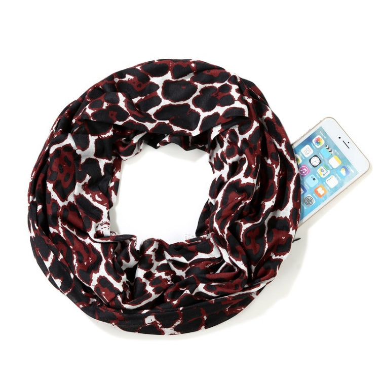 Leopard print infinity scarf, black with red highlights, thick loop with phone tag