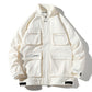 White loose-fit multi-pocket jacket, zip front, hood, and ribbed hem detail