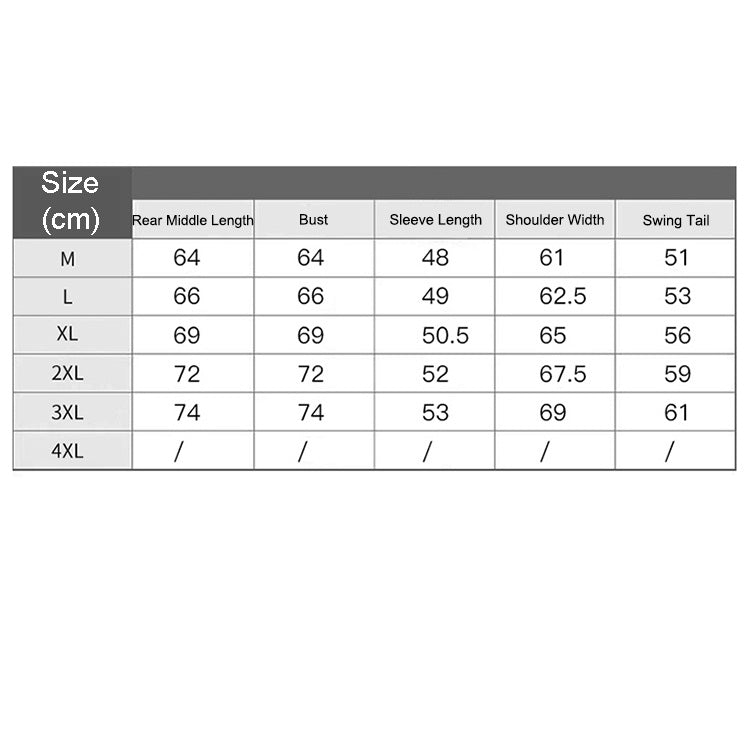 Men's jacket size chart with measurements for M through 3XL (cm)