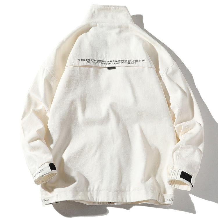 White hooded jacket with full back view and ribbed cuffs