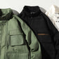 Three mens jackets: green, black, and white, each with zip front and pockets