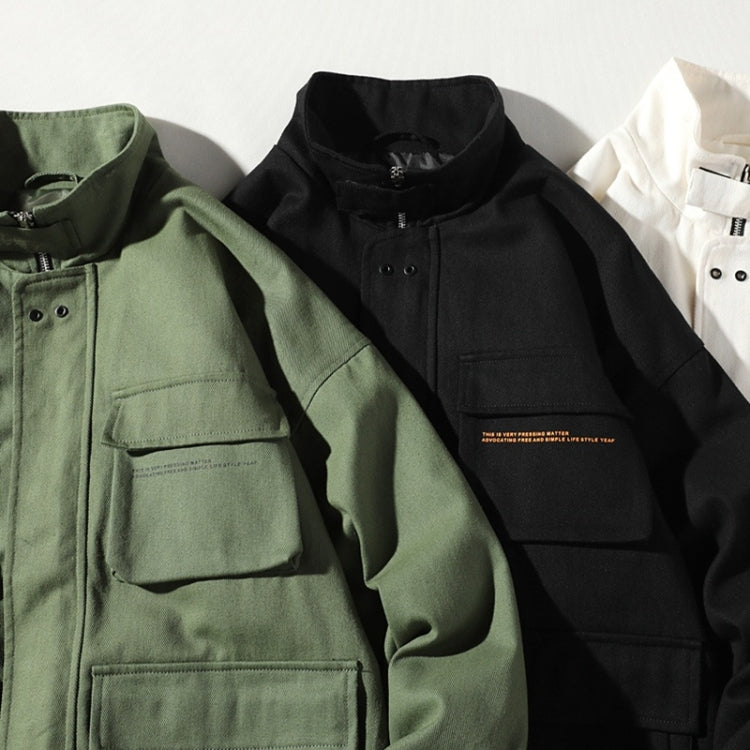 Three mens jackets: green, black, and white, each with zip front and pockets