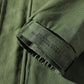 Olive green jacket sleeve close-up with ribbed cuff and stitched seam