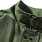 Olive green zip-front jacket close-up with collar and button placket
