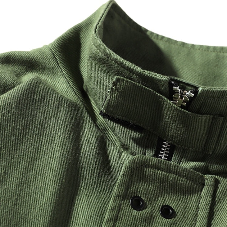 Olive green zip-front jacket close-up with collar and button placket