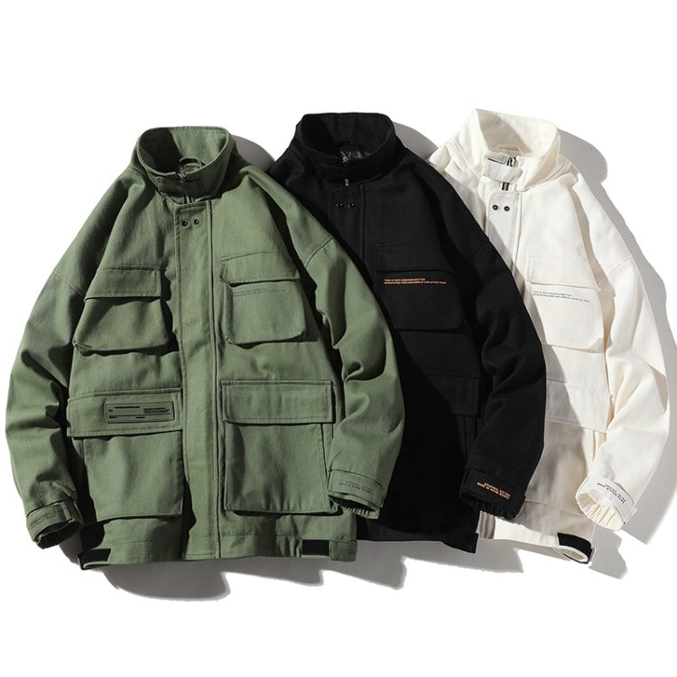 Bundle of mens jackets in green, black, and white with multi-pocket design