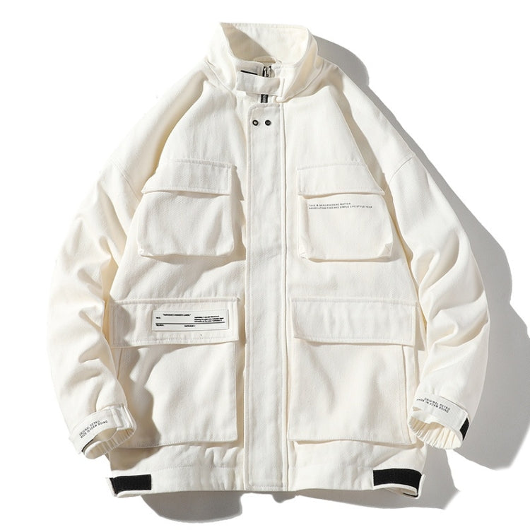 White zip-front hooded coat-style jacket with flap pockets and ribbed cuffs