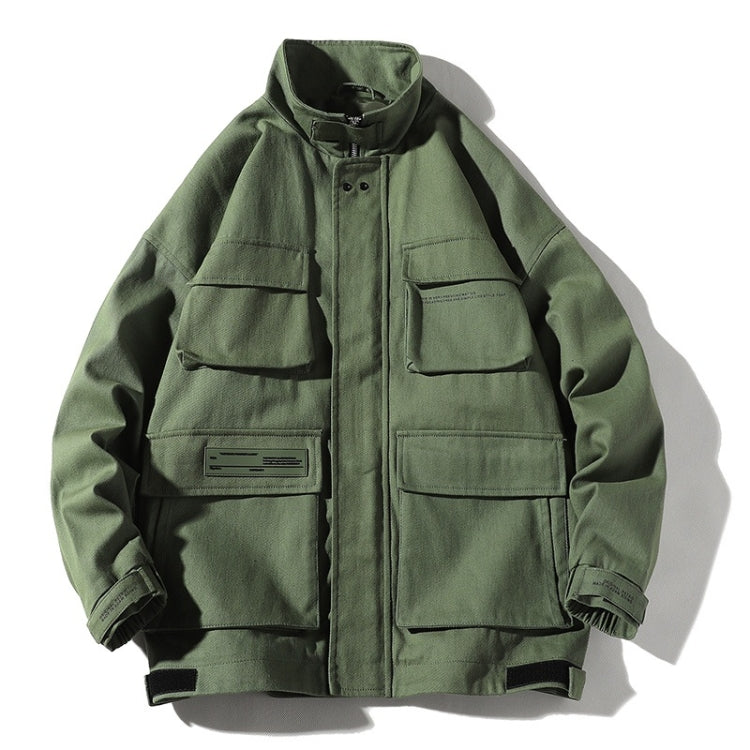 Green zip-front hooded coat with cargo pockets and ribbed cuffs