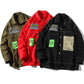 Men's shirt jackets in red, army green, and black with button front and chest patches