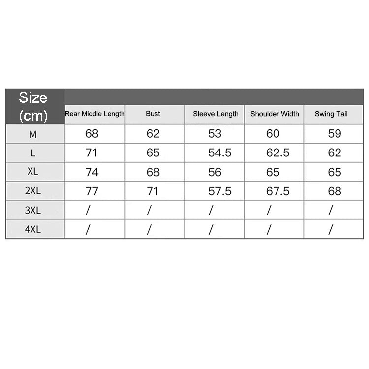 Size chart table for men's long-sleeve shirt jacket showing measurements in cm