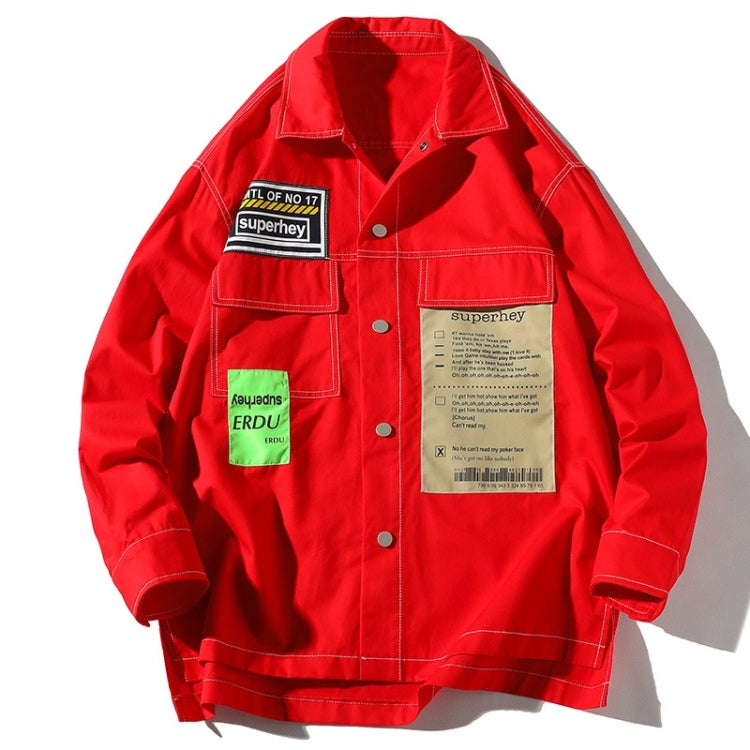 Men's red shirt jacket with long sleeves, button placket, chest patch pockets, and label tag