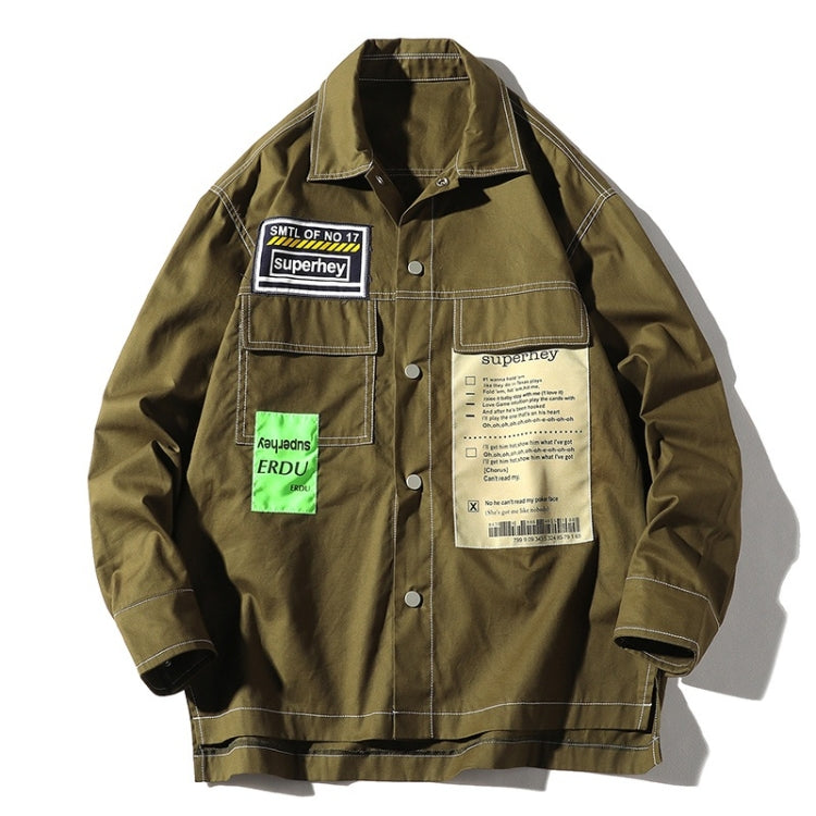 Men's olive long-sleeve shirt jacket with stand collar and chest patch details