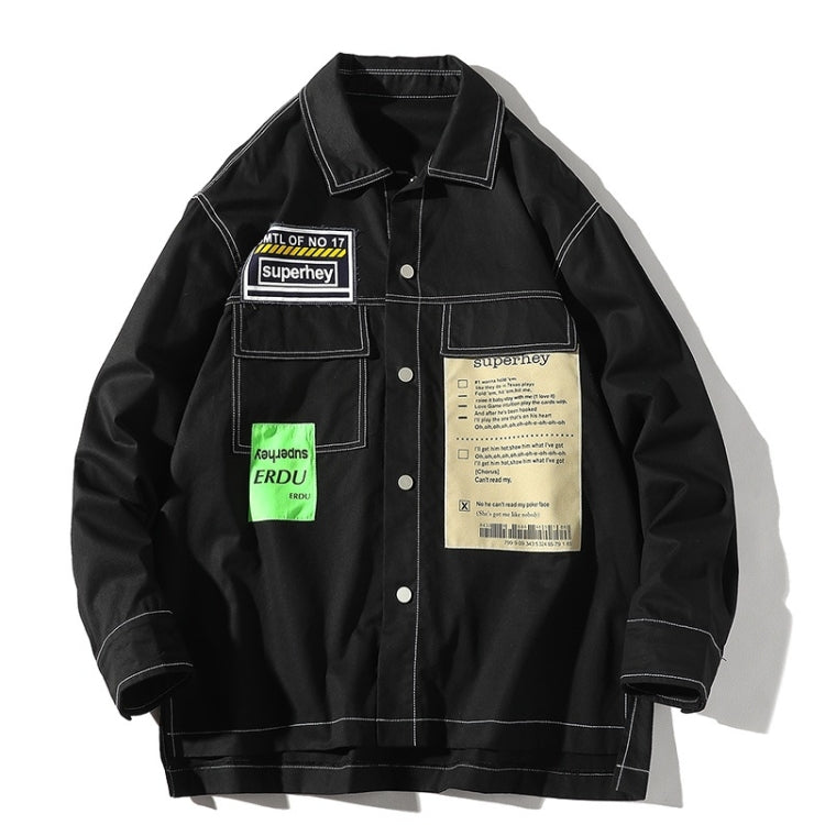 Men's black long-sleeve shirt jacket with button front, chest pockets, and logo patches