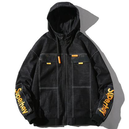 Men's black hooded denim jacket with sleeve lettering, zip front, and flap chest pockets