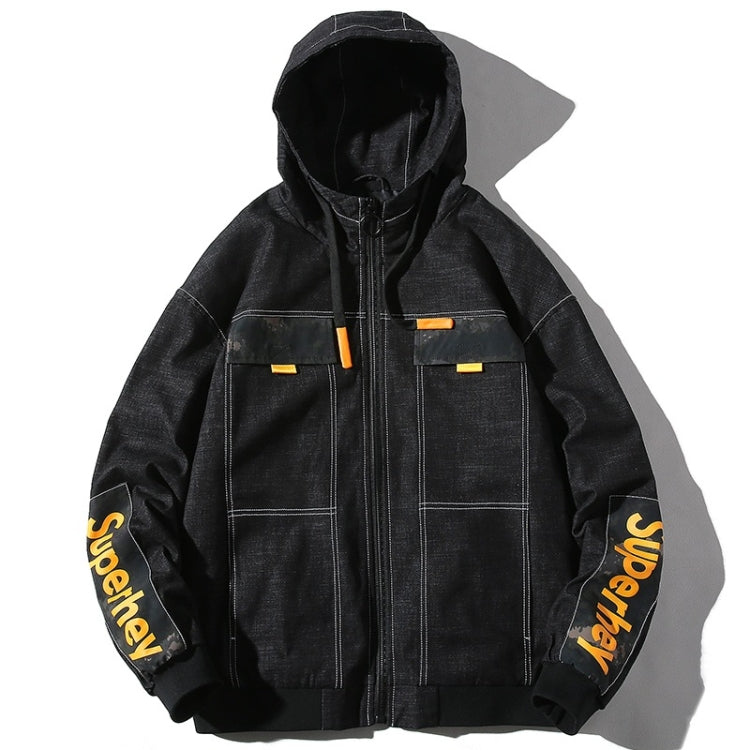 Men's black hooded denim jacket with orange-accented zip and sleeve letter print