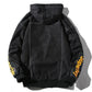 Men's black hooded denim jacket, back view with sleeve letter print and ribbed hem