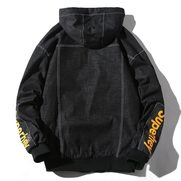 Men's black hooded denim jacket, back view with sleeve letter print and ribbed hem